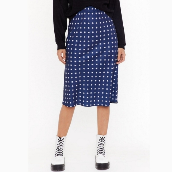 Nasty Gal Dresses & Skirts - Nasty Gal Star Behavior Navy Blue & White Star Print Satin Midi Skirt